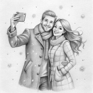drawing-couple-taking-selfie-with-cell-phone_best pendil art work in chennai